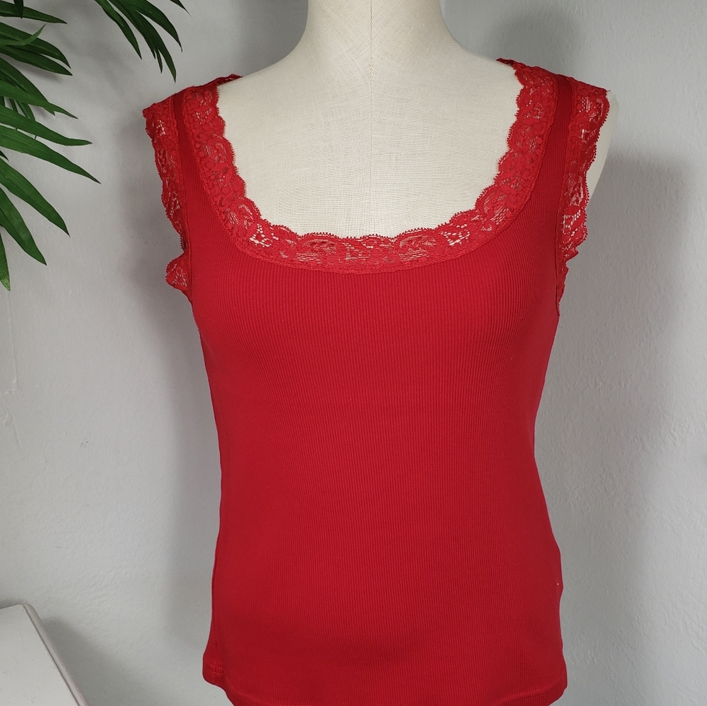 American Living Red Ribbed w/ Lace Cami Tank Ralph Lauren Feminine Romantic S